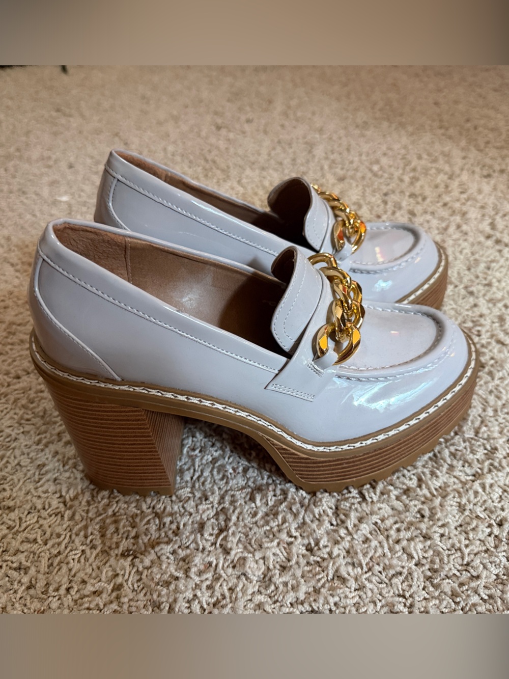 Madden Girl White Patent Loafers with Gold Chain Accent - Picture 2 of 5